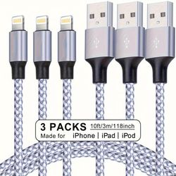 3-pack 10ft/3m Nylon Braided Usb Charging Cable For Charger Usb-a To 8 Pin Cable High Speed Transfer Cord Compatible With 14/13/12/11 Pro Max/xs Max/xr/xs/x/8//airpods