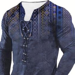 Bohemian Style Pattern Men's Vintage Long Sleeve Henley Tee, Spring Fall, Gift For Men