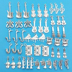 50pcs Antique Silvery Color Metal Alloy Musical Instrument Charms, Musical Guitar Note Piano French Horn Saxophone Mix Pendants For Diy Necklace Bracelets Earrings Jewelry Making