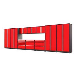 Proslat Garage Cabinets 12-Piece Glossy Red Cabinet Set with Silver Handles and Stainless Steel Worktop