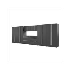 Proslat Garage Cabinets 9-Piece Mat Black Cabinet Set with Silver Handles and Powder Coated Worktop