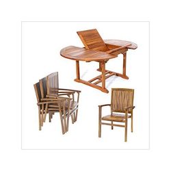 All Things Cedar 5-Piece Oval Extension Table Stacking Chair Set with Blue Cushions