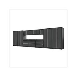 Proslat Garage Cabinets 12-Piece Glossy Grey Cabinet Set with Silver Handles and Stainless Steel Worktop