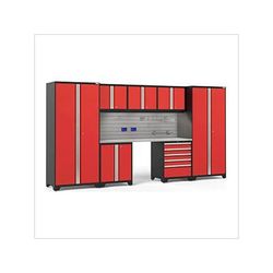 NewAge Garage Cabinets PRO Series Red 8-Piece Set with Stainless Top, Slatwall Hook Kit and LEDs
