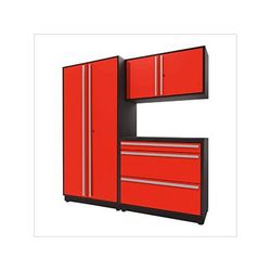 Proslat Garage Cabinets 4-Piece Glossy Red Cabinet Set with Silver Handles and Powder Coated Worktop