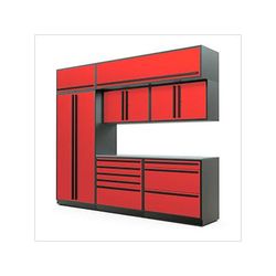 Proslat Garage Cabinets 8-Piece Glossy Red Cabinet Set with Black Handles and Stainless Steel Worktop