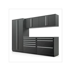 Proslat Garage Cabinets 6-Piece Mat Black Cabinet Set with Silver Handles and Stainless Steel Worktop