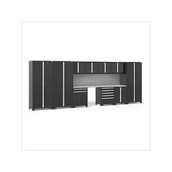 NewAge Garage Cabinets PRO Series Black 12-Piece Set with Stainless Steel Tops and Slatwall