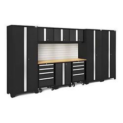 NewAge Garage Cabinets BOLD Series Black 10-Piece Set with Bamboo Top, Backsplash, LED Lights