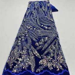 Tissu en dentelle de velours floqué à paillettes françaises pour femmes, velours africain, robes de soirée de luxe, haute qualité, 1 mètre, 2024