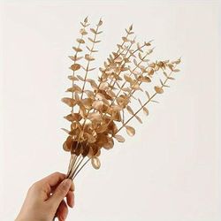 10pcs Artificial Golden Plants Decor, Faux Gold Eucalyptus Stems Bushes Fake Leaves Plant Shrubs For Indoor Outdoor Home Hall Table Centerpieces Garden Wedding Christmas Diy Decor