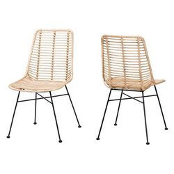 Manhattan Modern Bohemian Natural Brown Rattan And Black Metal Dining Chair by Baxton Studio in Natural Brown