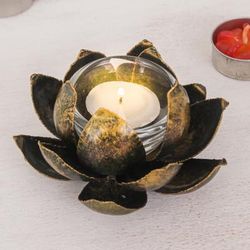 Precious Lotus in Gold,'Handmade Antique Finished Steel Lotus Flower Tealight Holder'