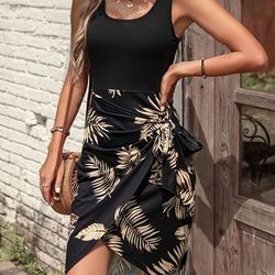 Plants Print Splicing Tank Dress, Elegant Sleeveless Dress For Summer, Women's Clothing