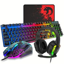 Wired Gaming Keyboard And Mouse Headset Combo, Rainbow Led Backlit Wired Keyboard, Over Ear Headphone With Mic, Rainbow Backlit Gaming Mice, Mouse Pad, For Pc, Laptop, Ps4,