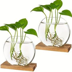 2pcs Desktop Round Glass Planter, Terrarium Flower Vase With Wooden Stand For Propagation Small Hydroponic Plants Home Office Decor