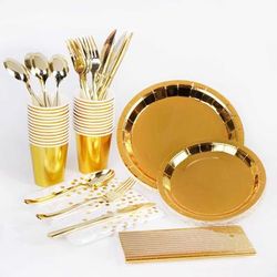 16pcs, Solid Golden Birthday Party Supplies, Gold Paper Plates Napkins Cups Silverware Serves 10 Sets For Wedding, Bridal Shower, Engagement,birthday Parties, Disposable Paper Plate Easter Gift