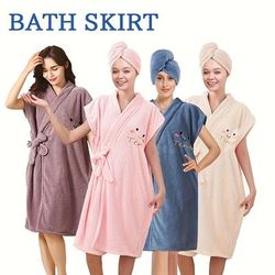 2pcs Bath Skirt & Hair Caps For Women, Soft & Absorbent Wearable Bath Towel, Cute Women's Bathrobe, Simple Solid Color Hair Towel, Bathroom Supplies, Bathroom Accessory
