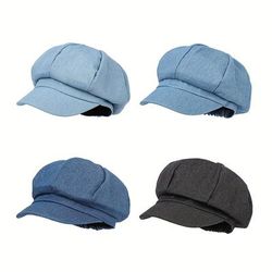 Vintage Denim Octagonal Newsboy Hat Solid Color Lightweight Berets Classic Painter Beret Hats For Women Autumn & Winter