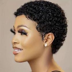 Short Curly Human Hair Wigs For Women Short Afro Kinky Curly Wig Human Hair Pixie Cut Curly Wigs With Bangs None Lace Frontal Daily Party Business 150%