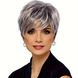 Short Pixie Cut For Women Synthetic Short Hair Cut With Bangs Mix Gray Short Pixie Hair Styles Short Wavy Hair Wig Synthetic Short Wigs For Women (mix Gray)
