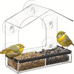 1pc Transparent Window Bird Feeder With 5 Extra Strong Suction Cups, Drainage Holes, Detachable Seed Tray, Sturdy And Durable Acrylic Clear Birds Feeders For Viewing Wild Birds Outside