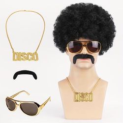 Afro Wig Men, 4pcs Set { Wig+ Glasses+ Necklace+ Mustache } 70's 80s Costumes Wig Disco Wig For Men Fluffy Short Black Curly Synthetic Hair Wig For Christmas Cosplay Party