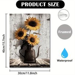 1pc Wooden Framed Rustic Sunflower Canvas, Wall Art, Vintage Flower Picture Print, Farmhouse Wall Decor, Floral Pot Decorative Poster, Artwork, Decoration For Bedroom Home Office 11.8inx15.7inch