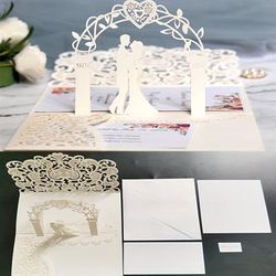 4pcs/set, 3d Pop Up Wedding & Engagement Anniversary Invitation Cards With Bride & Groom Heart Design Wedding Supplies