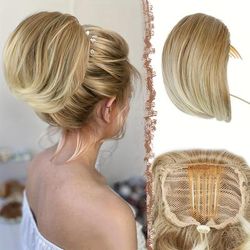 1pc Synthetic Hair Bun Hairpiece Fully Short Ponytail Bun Mixed Blonde Hair Chignon With Comb Bun Updo Drawstring Bun Synthetic Hair Piece Extension For Women, Mixed Blonde And Ash Blonde