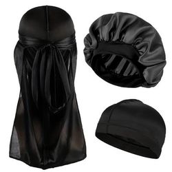 3pcs/set Durag+bonnet+dome Hats For Women Solid Color Elastic Satin Bonnet Night Lightweight Pirate Hats Casual Beanies