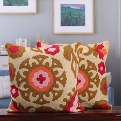 'Floral-Patterned Green and Red Cotton Cushion Covers (Pair)'
