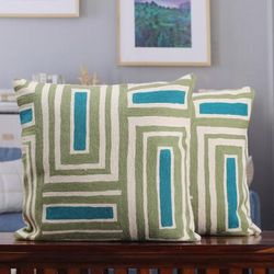 'Geometric-Themed Green Cotton Cushion Covers (Pair)'