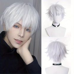 Men White Wig Short Straight Synthetic Anime Hair High Temperature Fiber For Cosplay Party