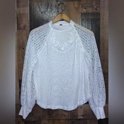 Free People Tops | Free People Womens Sweetest Thing Embroidered Lace Sleeves Thermal Top Size Xs | Color: White | Size: Xs