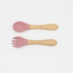 TEMU Baby Feeding Spoon&fork, Bamboo Wood And Silicone Baby Fork And Spoon - Soft Curved Silicone Tip Spoons - Suitable For Baby And Toddlers