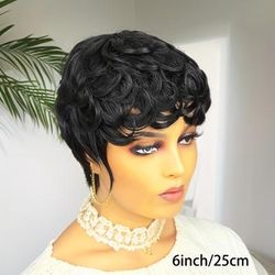 Brazilian Curly Short Wigs Short Pixie Cut Curly Wigs For Women Short Curly Human Hair Wigs With Bangs 180% Density Full Machine Made Wig 6 Inch