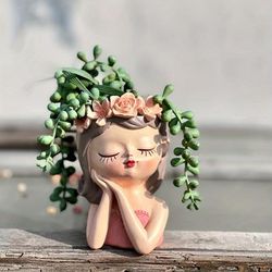 1pc Adorable Girl Face Small Succulent Pot With Drainage Holes Lovely Flower Pot 1pc Head Planter Fairy Garden Pots For Plants Lover Gift Idea Decorative Planter For Indoor Plants