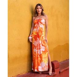 Boston Proper - Exploded Floral Print Gem Detailed Halter Maxi Dress Orange - Medium