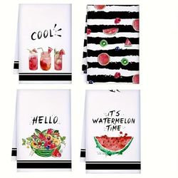 4pcs, Hand Towels, Ice Cream Watermelon Pattern Kitchen Dish Towels, Summer Theme Decorative Wipe Hand Towel, Kitchen Decoration Towel, Neighbor Gift, Cleaning Supplies