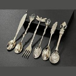 TEMU Most Exquisite 6pcs Small Spoon/fork Set Vintage Golden Teaspoon Fruit Fork Cup Stirring Coffee Spoon