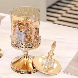 TEMU 1pc Vintage European Style Glass Candy Jar With Lid - Decorative Aesthetic Storage Container For Living Room Coffee Table, Uncharged, Ideal For Halloween And Daily Use