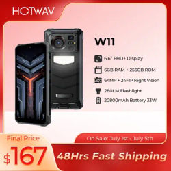 [World Premeire] HOTWAV W11 Rugged Phone 20800mAh 280LM Flashlight 6.6'' FHD+ Smartphone 33W 24MP Night Vision Mobile Phone