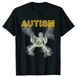 Retro Autism Skeleton Funny Men Women T-Shirt Neurodivergent Autism Awareness Support Graphic Tee