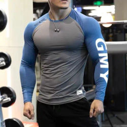 Men's Long Sleeve GYM Clothes Dual Color Blocking Tights Shirt Sport Fitness RIGHTTRACK Milk Silk Fabric Athletic Wear
