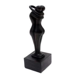 Meeting You,'Hand-Carved Black Suar Wood Embracing Couple Sculpture'