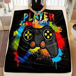 "TEMU Player " Cartoon Flannel Blanket - Soft Warm Throw With Vibrant Game Controller Design, Cozy Multi-use For Bed, Sofa & Gifts, Contemporary Style, Bed Warmer, Sofa Accessory, Design, Fabric"