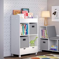 Book Nook Kids Cubby Storage Cabinet with Bookrack and 2pc Bin, Gray - RiverRidge Home 02-169K