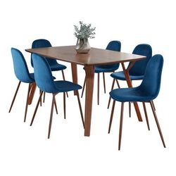 Folia Pebble Dining Set - 7 Piece by Lumisource in Walnut Blue Velvet