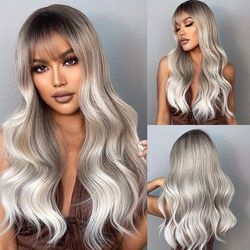 Long Wig With Bangs, Ombre Wigs For Women, Curly Wavy Wig, Synthetic Wigs For Cosplay Party Replacement Daily Wear 26 Inch